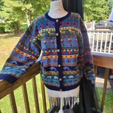 Vtg LL Bean 100% Wool Animal Cardigan Sweater XL EUC Grail Rare picture