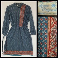 Vtg Lorac Original By Lady Carol Teal Paisley Crepe Blouson Belted Dress  picture