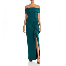 -AQUA WOMEN'S OFF THE SHOULDER CASCADE GOWN HUNTER GREEN SIZE 4 picture