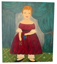 Original Oil On Board Mid-Century American Folk Art Portrait 19th Century Style picture