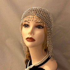 1920s style FULLY Beaded Silver Fringe FLAPPER Head cap skull headpiece picture