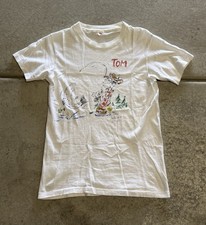 True Vintage 70’s Men’s Handrawn Fishing Art Graphic T-shirt White Small picture