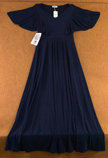 Koh Koh Womens Size Medium Dark Navy Blue V Neck Flutter Sleeve Maxi Dress NWT picture
