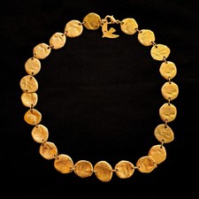 Cecile Et Jeanne Paris Vintage Gold Tone Textured Disc Link Choker Necklace Auth picture