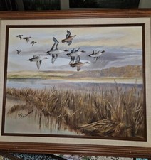 Orig Vtg 1982 Art On Canvas Board Framed Pintail Ducks Eileen Frieden 21
