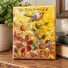Original Folk Art Bird Flowers Mini Canvas 4x5 Hand Painted Signed Cottage Decor picture