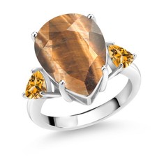 7.82 Ct Pear Shape Brown Tiger Eye Yellow Citrine 925 Sterling Silver Ring picture