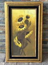 VTG Yellow Sunflower Oil Painting Still Life Signed Black Velvet Liner 12x24 MCM picture