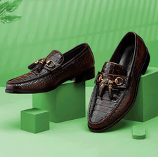 Share Men Handmade Brown Alligator Texture Leather Moccasin Shoes, Formal Dress  picture