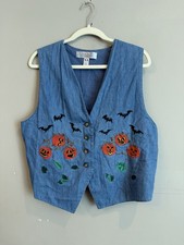 Karen Scott Embroidered Vintage 90s Kitschy Halloween Denim Vest Bats Petites L picture