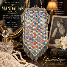 Antique 1920s Mandalian Mfg Co Enamel Mesh Purse Art Deco Flapper Floral Fringe picture