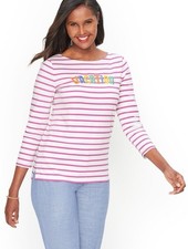 Talbots Authentic Talbots Tee Vacation Stripe Pink White 100% Cotton 1X Preppy picture