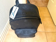 MCM Black Logo Pattern Zip Backpack w/ Front Zip Pocket, Top Handle Unisex picture