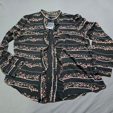 new Worthington Ruffle Blouse Womens XL Black Floral Bird Long Sleeve Button picture