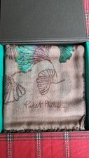 Patek Philippe Cashmere Floral Stole Scarf Beige Fringe Logo Woven picture