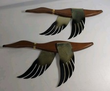 Vintage Masketeers Style Modern Flying Duck Geese Teak Wood Brass Wall Art Set picture