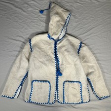 Vintage Handmade Hooded Wool Jacket Blue Blanket Stitch Zip Up Boho Men Large picture