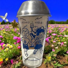 VTG 50s Buddy Ginger Stillicious Syrup 5” Glass Cup Clear Blue, Metal Lid picture