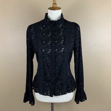 Vintage Carducci Top Womens Medium Black Floral Lace Sheer Ruffle Cuffs Witchy picture