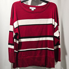 Womens XL Liz Claiborne Sweater, Red White Black Striped Round Neck Knit picture