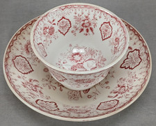 British Pink Rose & Floral Red Transferware Tea Bowl & Saucer Circa 1820-1830s picture