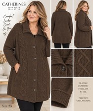 Catherines Women’s 2X Brown Wool Blend Long Cardigan Sweater Button Front Cable picture