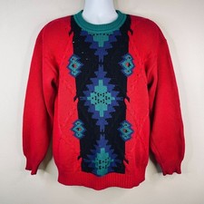 Vintage Aztec Hand Intarsia Sweater Medium Red Indie Hipster Cable Knit 80s 90s picture