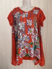 Johnny Was Silk Boho Flowy Linko Floral Printed  Blouse Top Shirt L EUC Red Orng picture