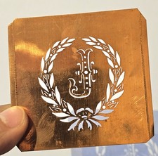 Antique Copper Monogram Stencil Letter J – Ornate Alphabet Plate c.1880–1920 J1 picture
