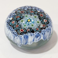 Vintage Millefiori Glass Paperweight Blue White Murano Style Floral Art Glass 2