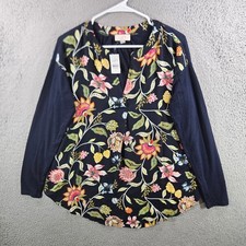 LOFT Outlet Womens Navy Floral Mixed Media Long Sleeve Split Neck Top S NEW NWT picture