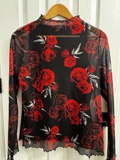 Express Women’s M Black Red Rose Mesh Top & Tank 2 Piece Y2K Floral Set picture