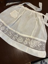 Vtg 1940s Handmade White Heavy Silk Organza Hostess Half Apron Rose Lace Pocket picture