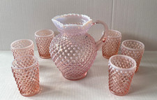Beautiful Fenton Pink Opalescent Hobnail Pitcher & 6 Drinking Glasses picture