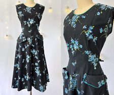 Vintage 1950s 50s Sleeveless Black Floral Print Cotton Day Dress Jules Canton, M picture