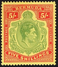 Bermuda 1950 KGVI SG 118f 5/- Yellow Green & Red Stamp Ordinary Paper P13 MNH picture