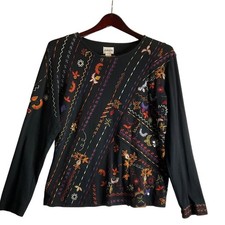 Chico's Top Black Embroidered Colorful Pullover Long Sleeve Jersey Boho 2/L/12 picture