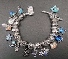 Ocean  Themed Sterling Charm Bracelet  13 Charms 12 Silverplate Spacer Beads picture