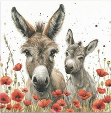 TWO Individual Luncheon Napkins Decoupage Donkeys In Field Of Red Poppies 3-ply picture