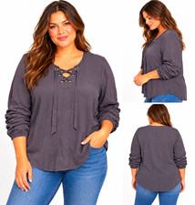Torrid Womens 0X Gray Solid V-Neck Lace-Up Blouse Long Sleeve Lace Grommet NWT picture