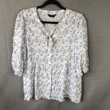 Feminine Top Womens M White Blue Floral Puff Sleeve Farmhouse Cottagecore NEW picture