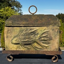 Vintage Cast Stone Koi Fish Planter Box w Lidded Top On Iron Scroll Base Trough picture