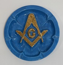VTG 1972 Masonic Ceramic Ashtray Blue & Gold Freemasons Round Trinket Dish 8.5” picture