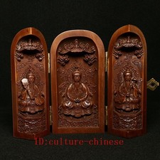 4 Inch Old Chinese Hand-carved Boxwood Taoism 3 Three Pure Ones Deity Statue picture