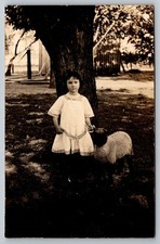 Antique RPPC Girl with Lamb on Leash Named Alice May Harvey c1900s picture