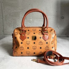 MCM Vicetos Logogram Boston Bag PVC Leather 2way Brown Gold Auth w/strap picture