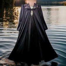 VTG Olga Black Dressing Gown Peignoir Robe and Lady Cameo Nightgown Combo Set L picture
