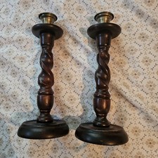 10 In Dark Stained Antique Turned Barley Twist Candlestick Pair Candle Holders picture