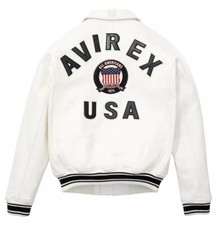 Men Avirex White Real Bomber American Flight Jacket Faux Leather Jacket for Men picture