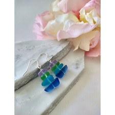 Multicolor Pebble Shaped Frosted Sea Glass Silver Ladies Dangle Earrings picture